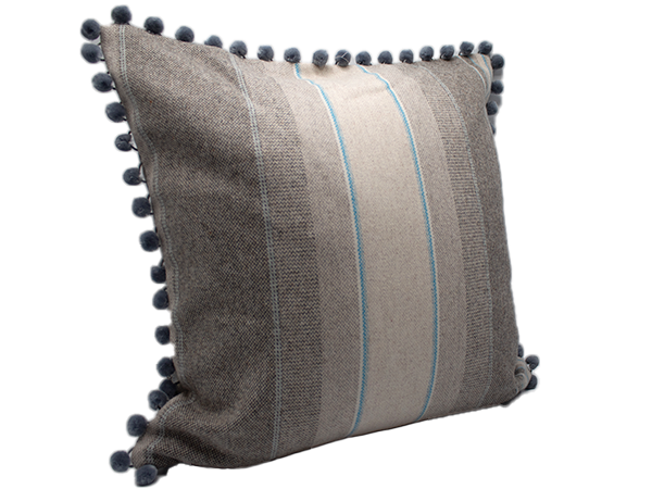 Lambswool Neutral & Duck Egg Striped Cushion Cover wih contrasting pom pom trim no bg